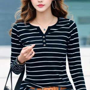 Women Striped Henley Neck Cotton